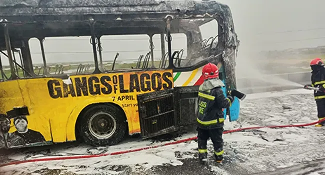 Lagos: Danfo Driver Dies In Ghastly Crash, Brt Bus Goes Up In Flames (Photos)