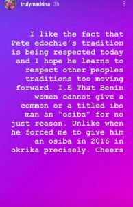 Cynthia Morgan Calls Out Pete Edochie - “I hope he learns to respect other people’s tradition” 