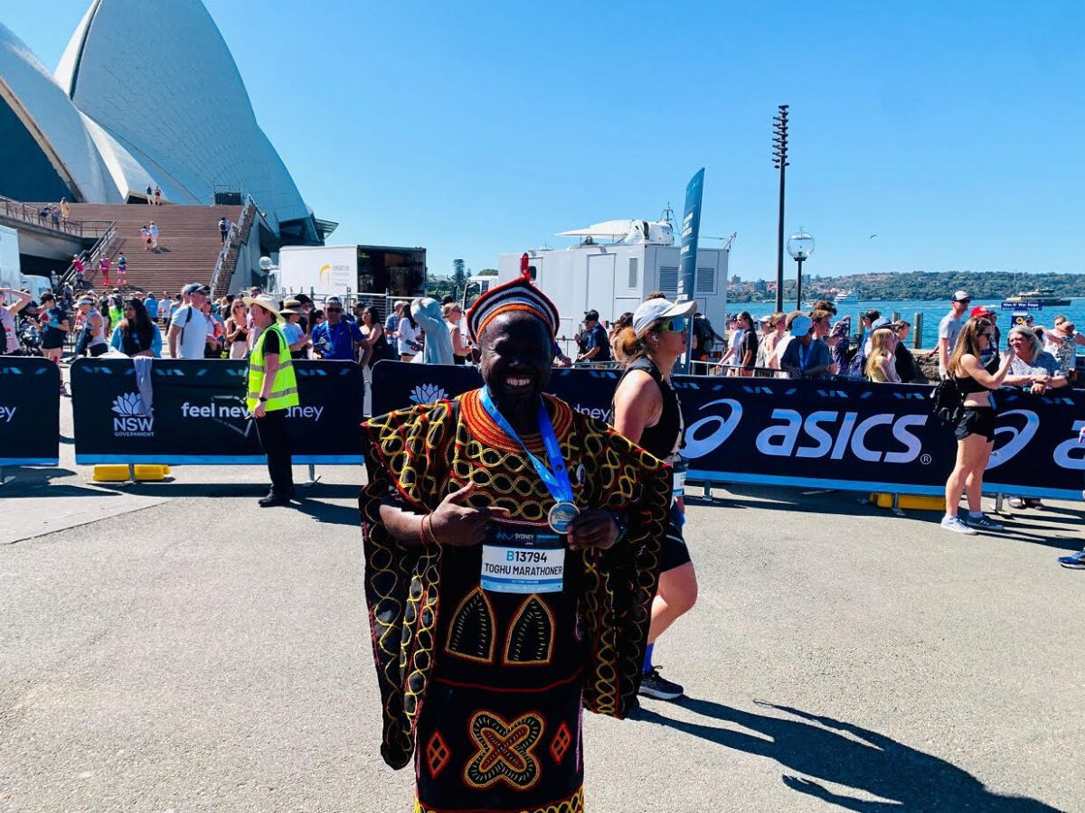 Inspirational: How Cameroonian Internally Displaced Persons made Afowiri Fondzenyuy's Sydney Marathon Toghu Outfit