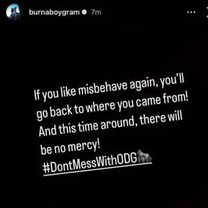 Burna Boy issues a warning following Darlington's release from prison: "No mercy next time."