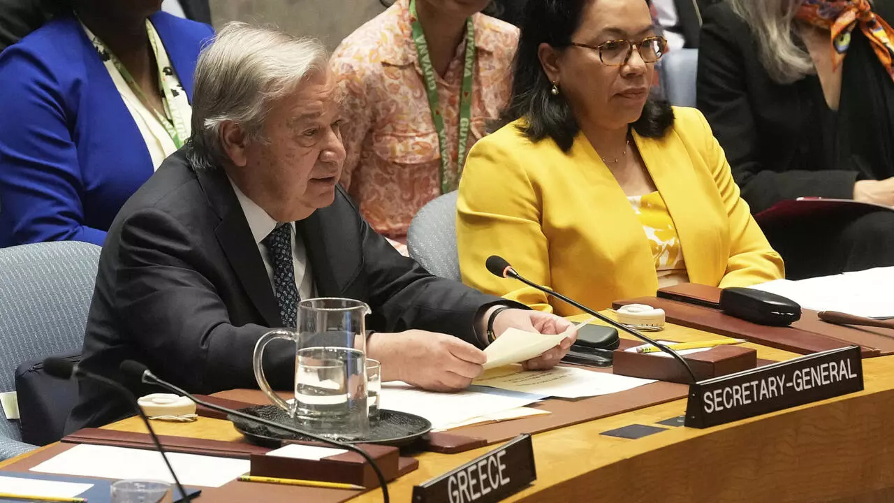 UN Secretary General Antonio Guterres addresses a United Nations Security Council meeting, © Richard Drew, AP